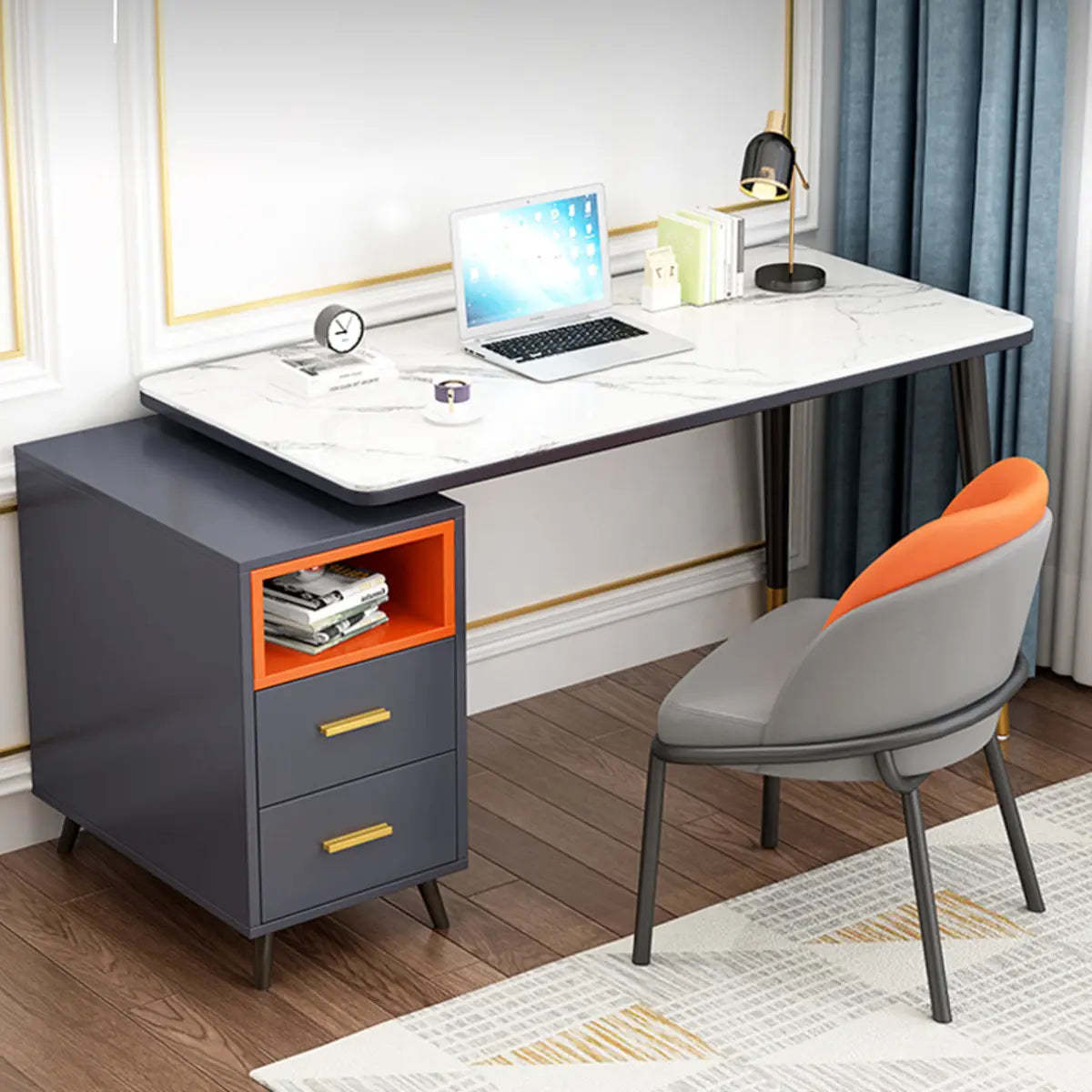 Reversible Ergonomic Off-White Computer Desk with Drawers — Without Chairs