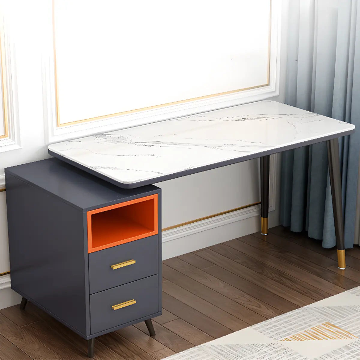 Reversible Ergonomic Off-White Computer Desk with Drawers — Without Chairs