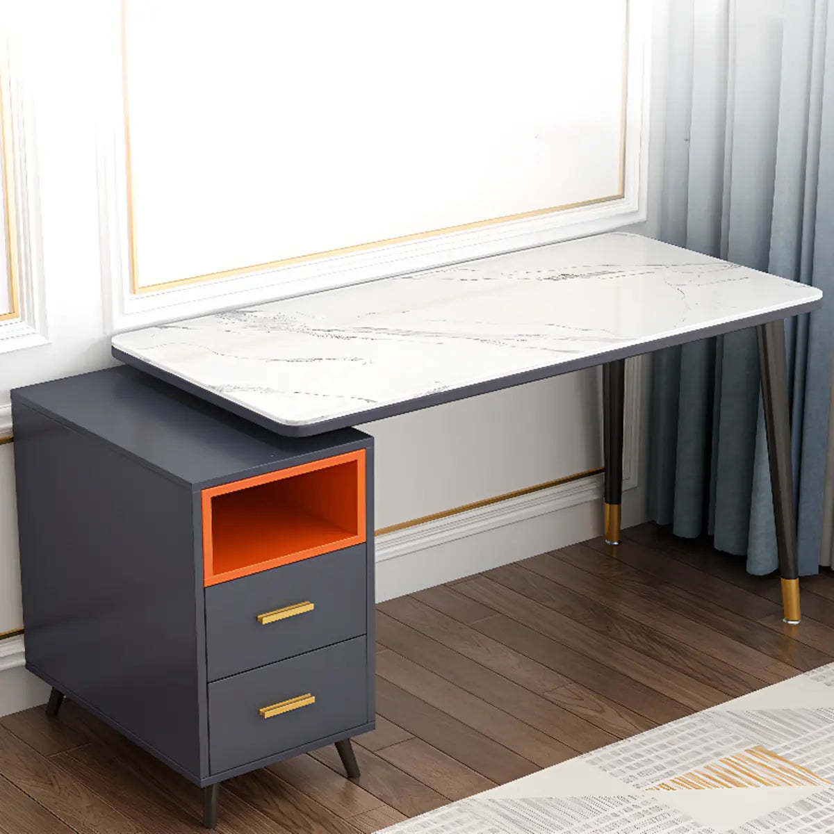 Reversible Ergonomic Off-White Computer Desk with Drawers — Without Chairs