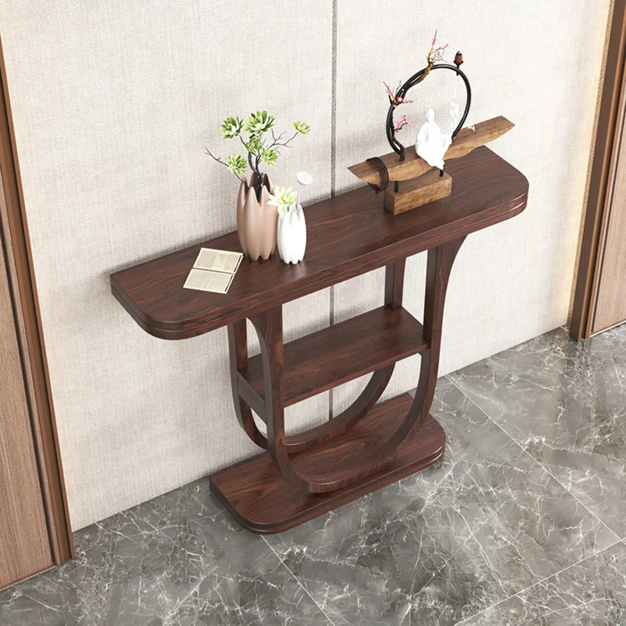 Rich Brown Demilune Wood U-Shape Console Table with Shelf