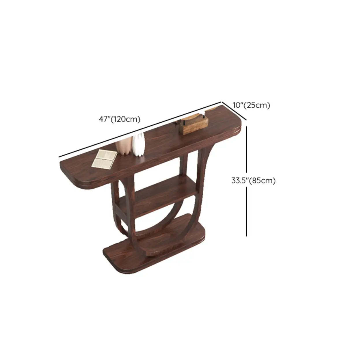 Rich Brown Demilune Wood U-Shape Console Table with Shelf