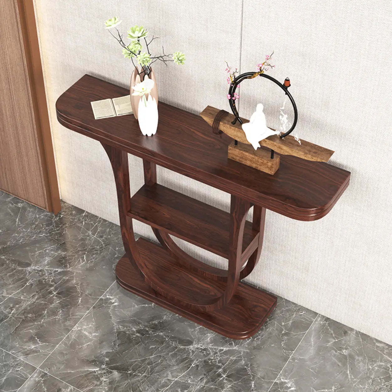 Rich Brown Demilune Wood U-Shape Console Table with Shelf — Ash