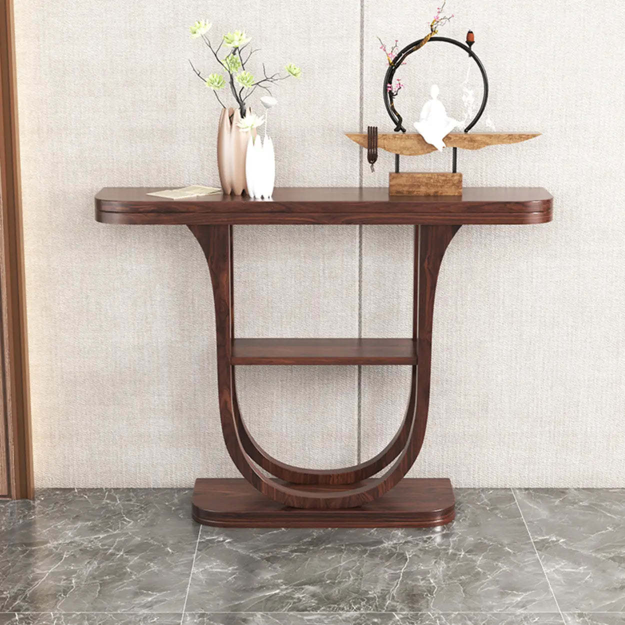 Rich Brown Demilune Wood U-Shape Console Table with Shelf — Black Walnut