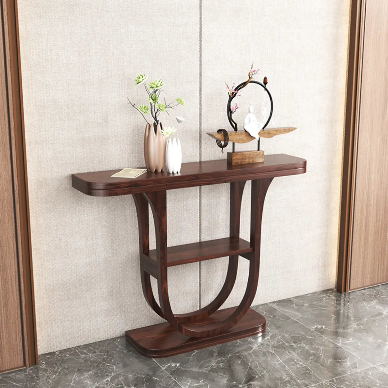 Rich Brown Demilune Wood U-Shape Console Table with Shelf — Pine