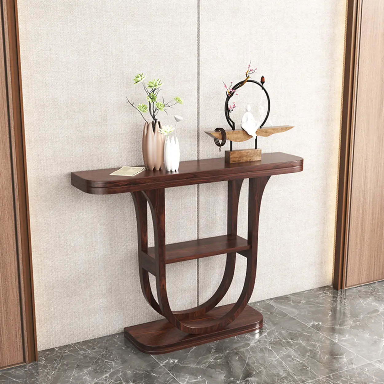 Rich Brown Demilune Wood U-Shape Console Table with Shelf — Pine