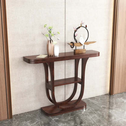 Rich Brown Demilune Wood U-Shape Console Table with Shelf — Pine