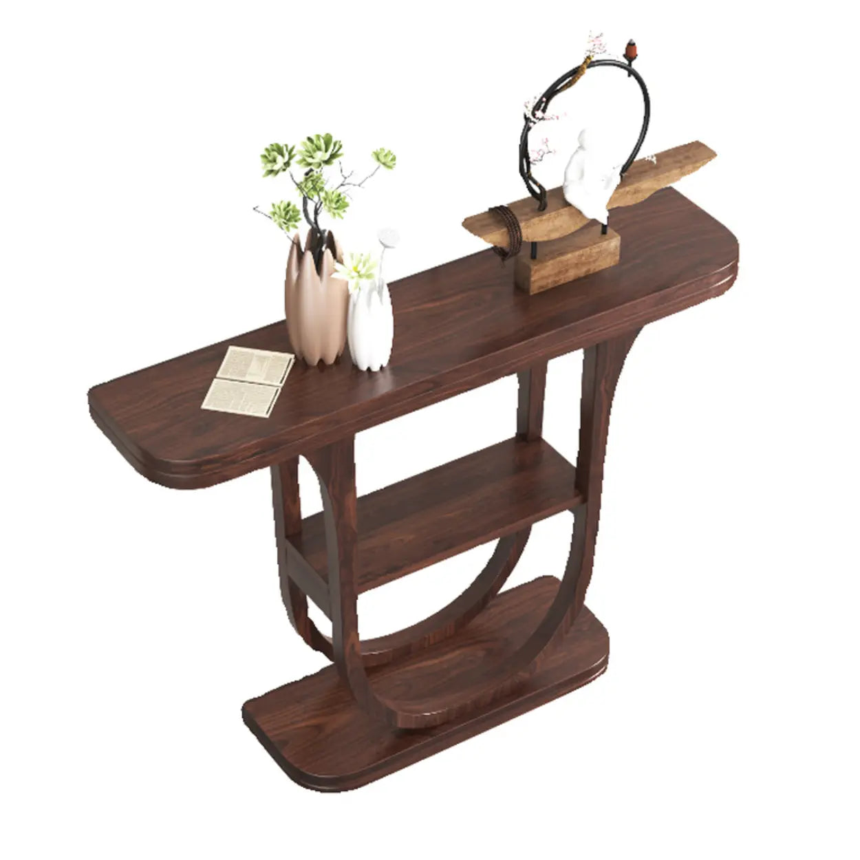 Rich Brown Demilune Wood U-Shape Console Table with Shelf — Ash