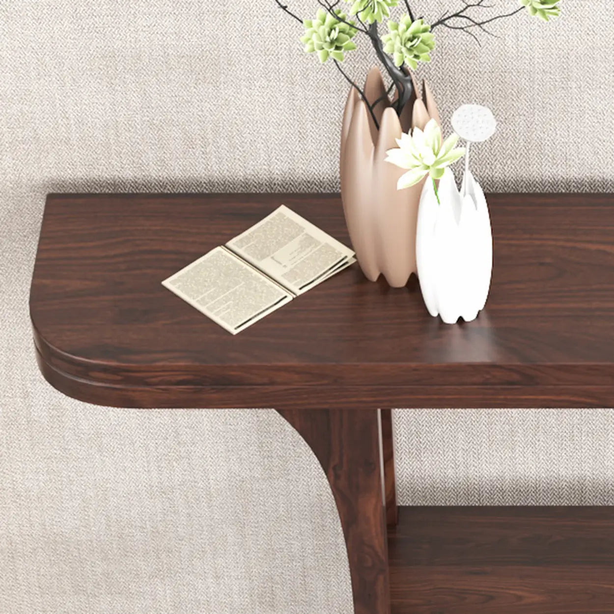 Rich Brown Demilune Wood U-Shape Console Table with Shelf — Black Walnut