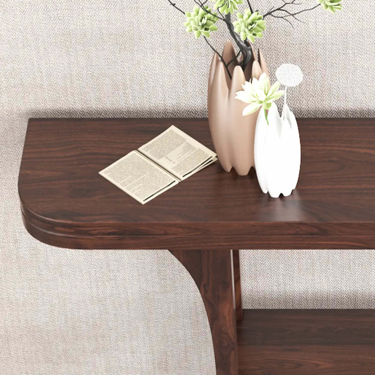 Rich Brown Demilune Wood U-Shape Console Table with Shelf — Black Walnut