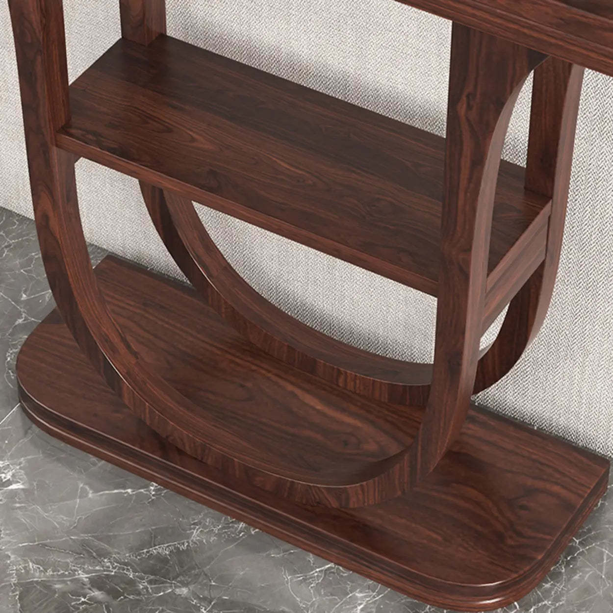 Rich Brown Demilune Wood U-Shape Console Table with Shelf — Pine