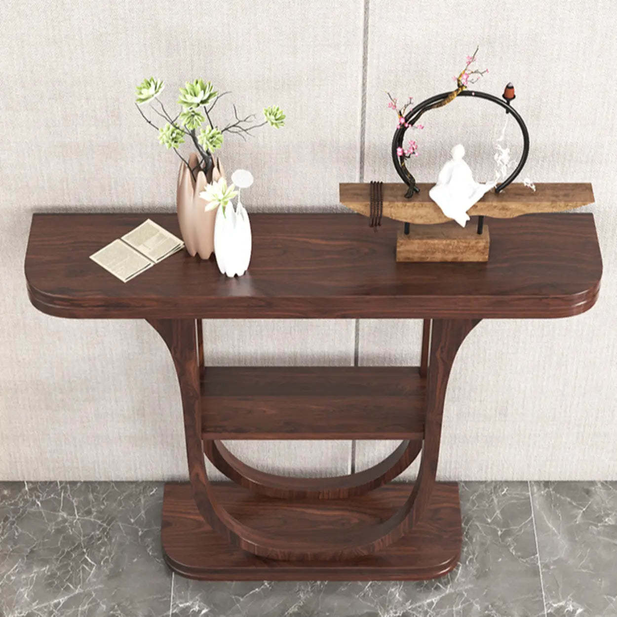 Rich Brown Demilune Wood U-Shape Console Table with Shelf — Ash