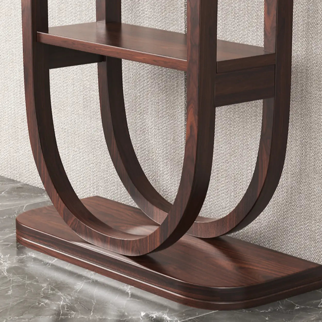 Rich Brown Demilune Wood U-Shape Console Table with Shelf — Black Walnut