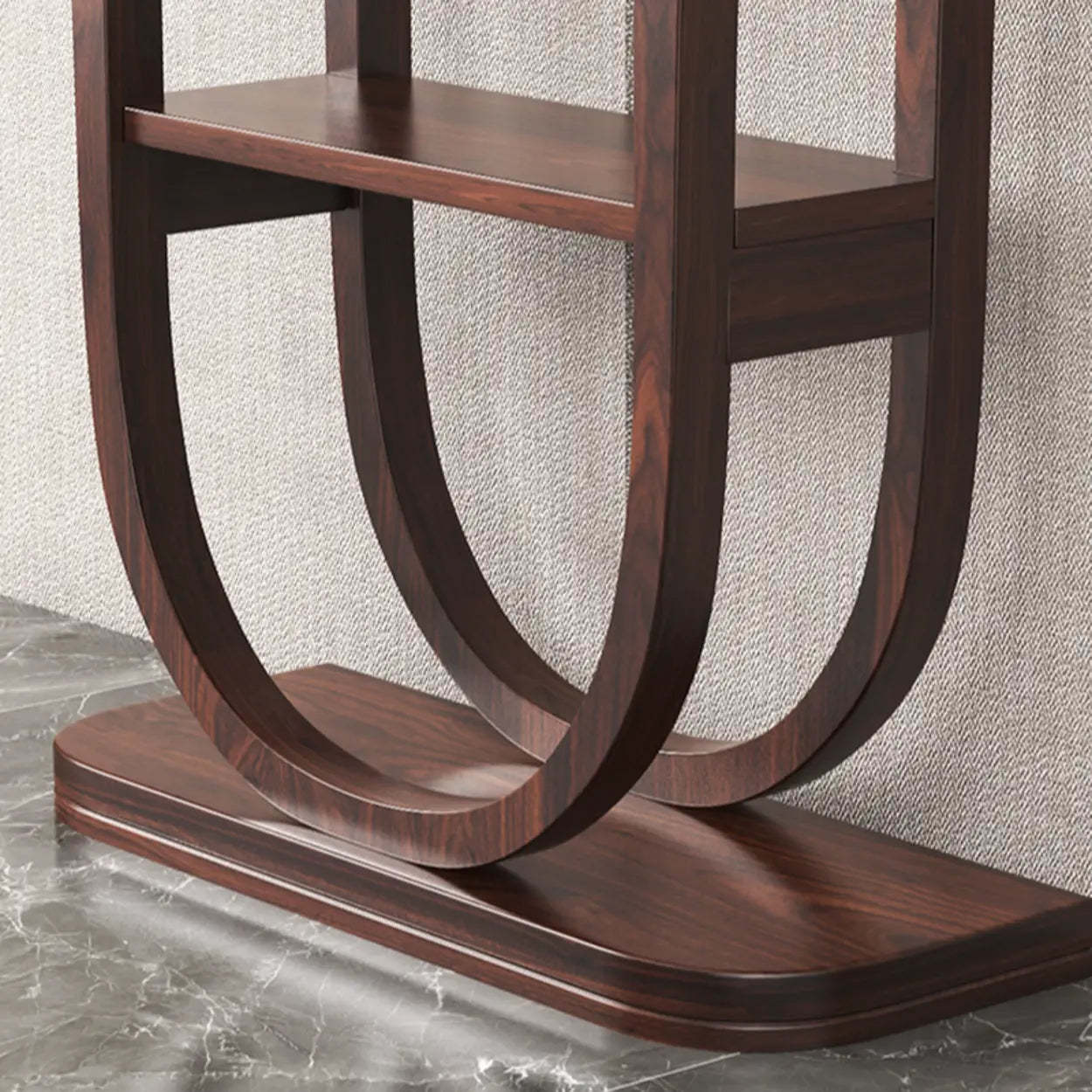 Rich Brown Demilune Wood U-Shape Console Table with Shelf — Black Walnut