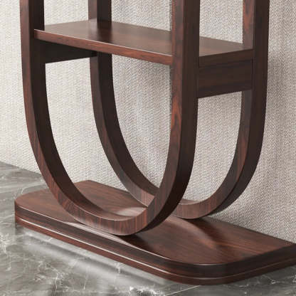 Rich Brown Demilune Wood U-Shape Console Table with Shelf — Black Walnut