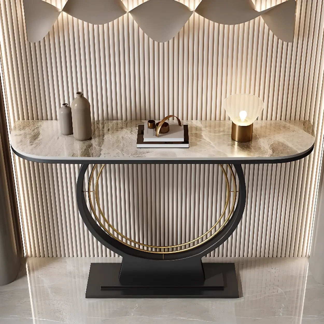 Ring Base Half Moon Sintered Stone Console Table — Black / White