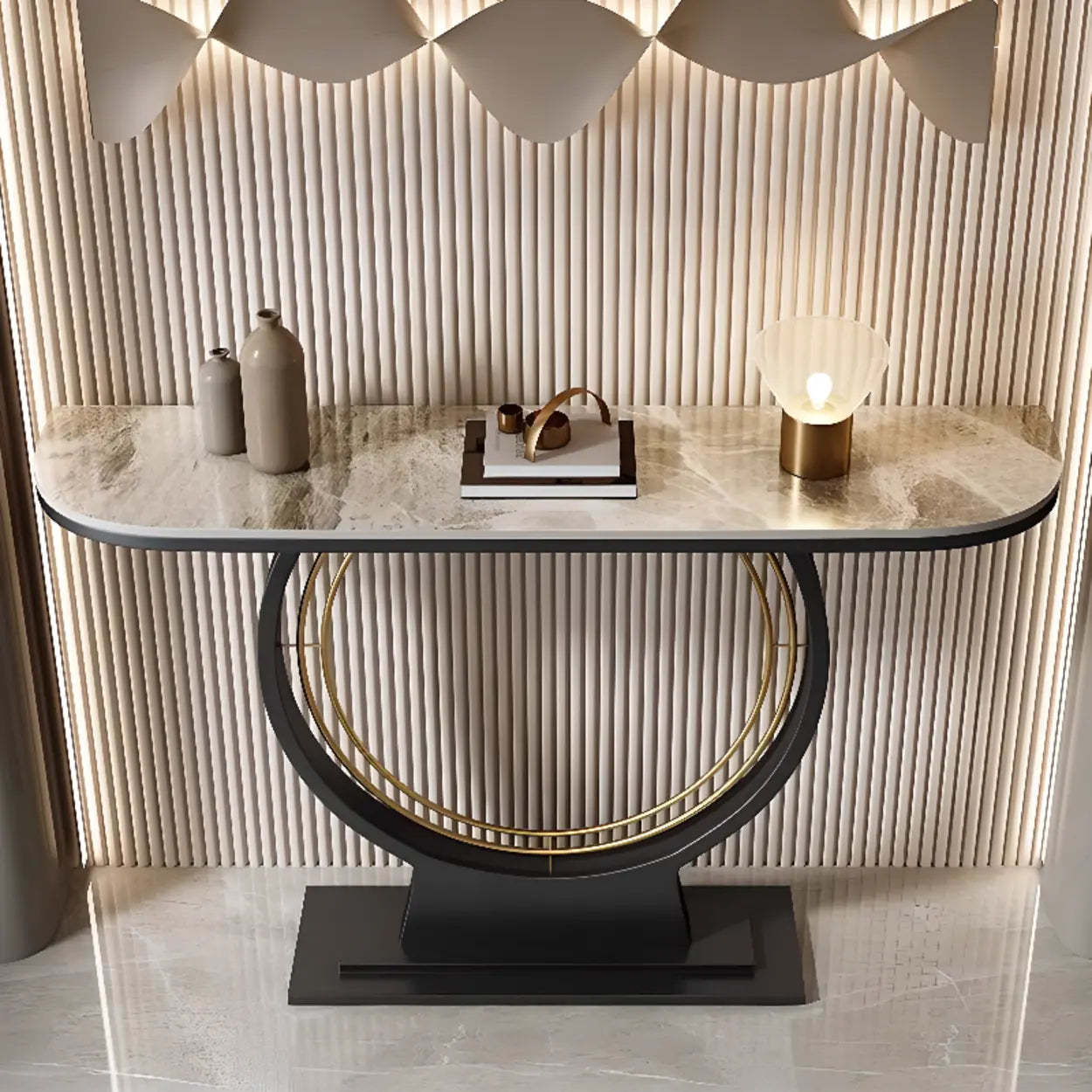 Ring Base Half Moon Sintered Stone Console Table — Black / White