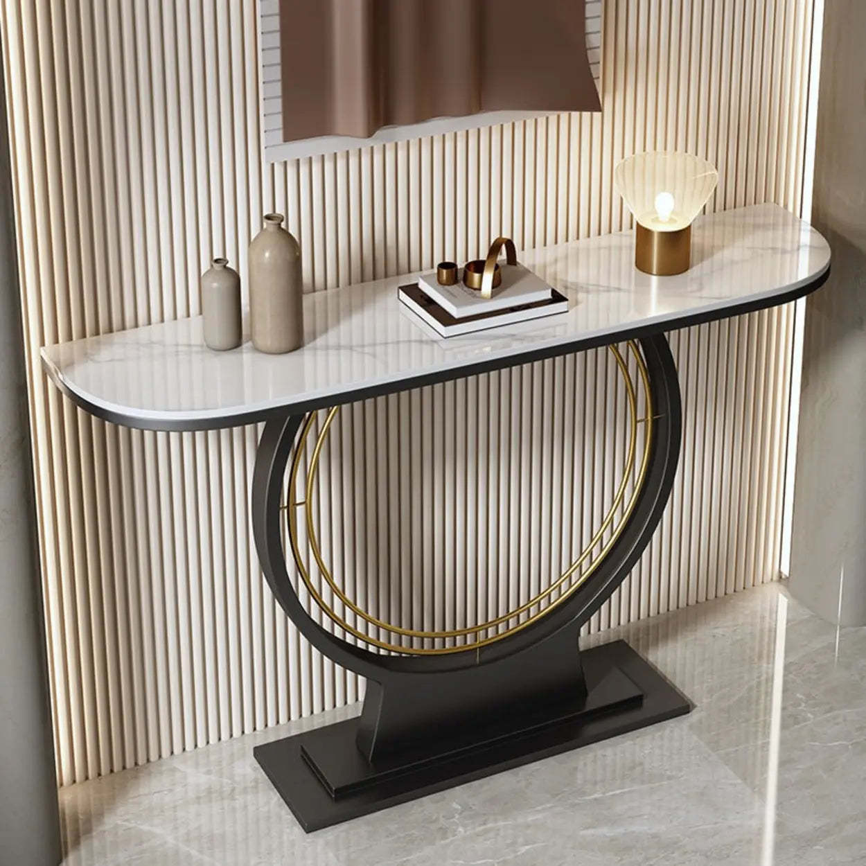 Ring Base Half Moon Sintered Stone Console Table — Black / Black