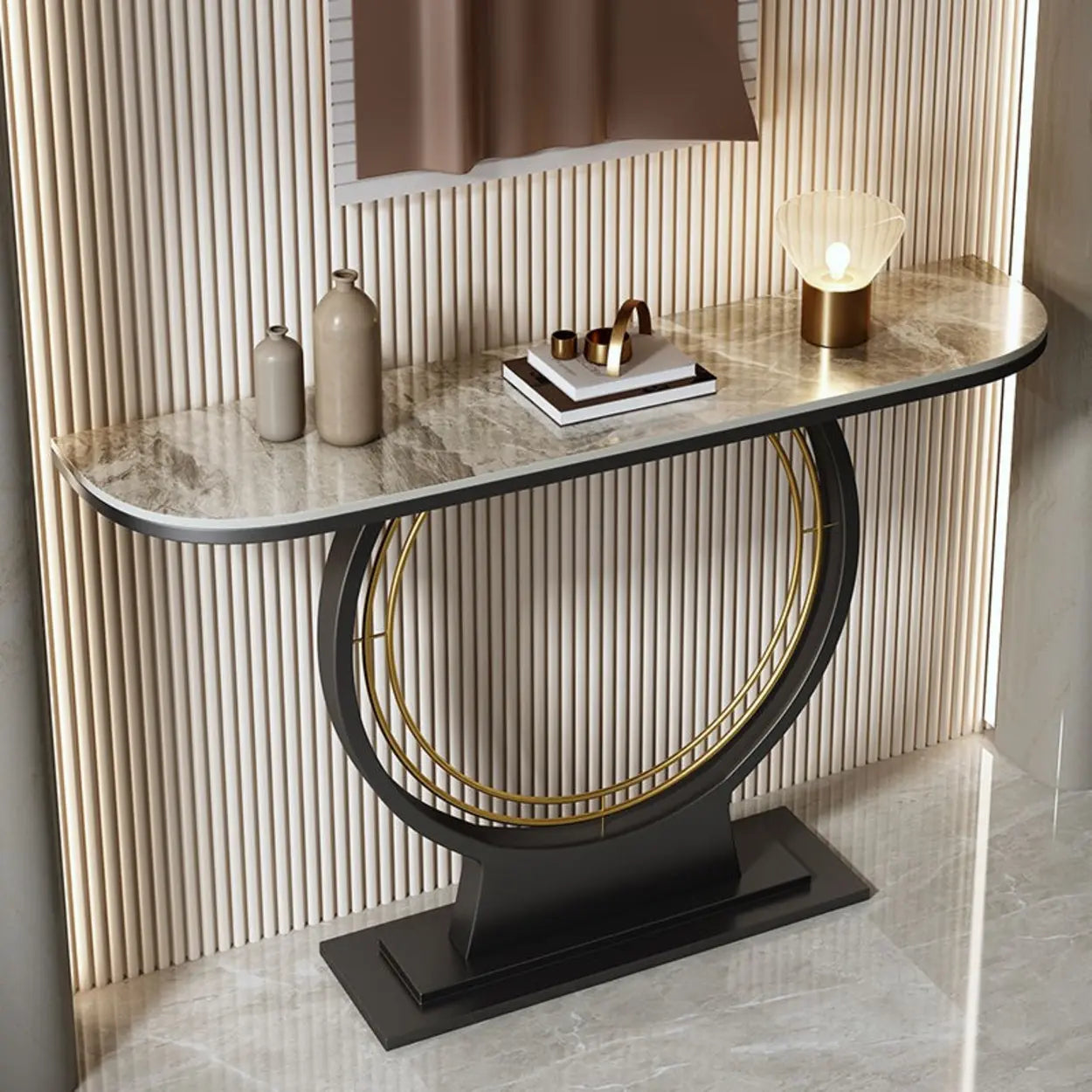 Ring Base Half Moon Sintered Stone Console Table — Black / Black