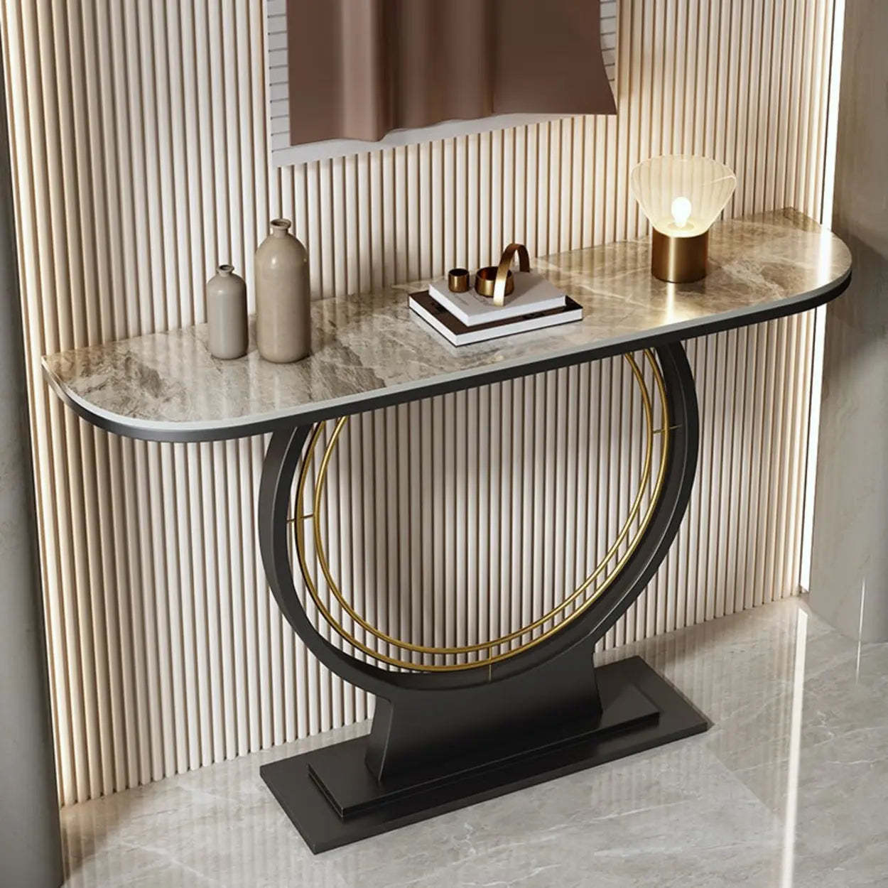 Ring Base Half Moon Sintered Stone Console Table — Black / Black