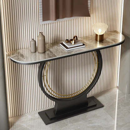 Ring Base Half Moon Sintered Stone Console Table — Black / Black