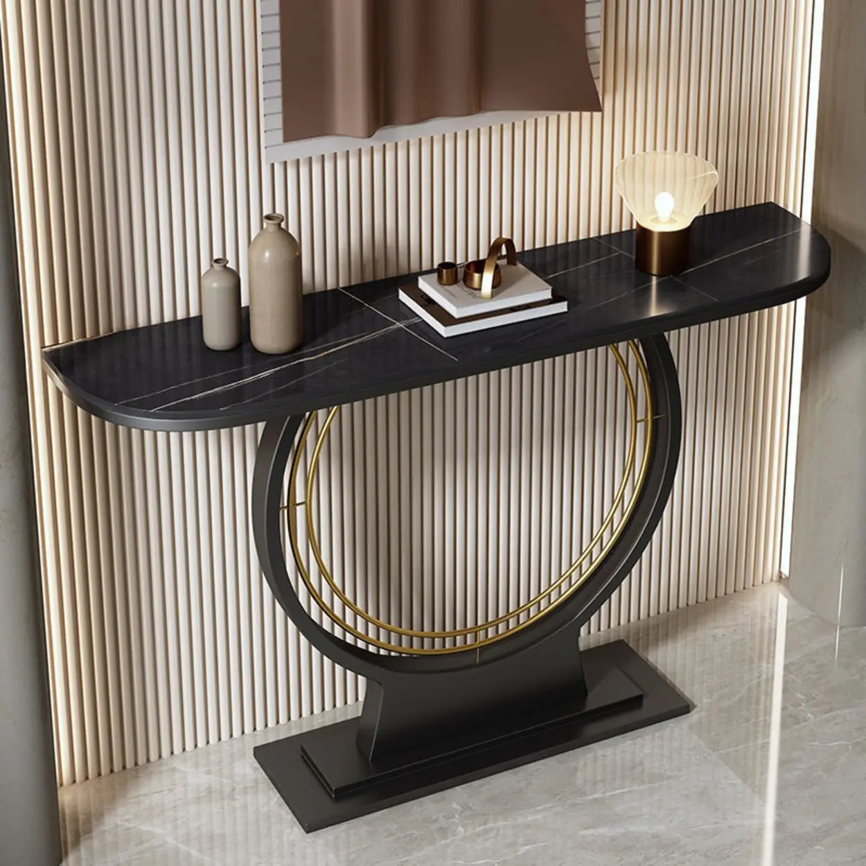 Ring Base Half Moon Sintered Stone Console Table — Black / Light Gray