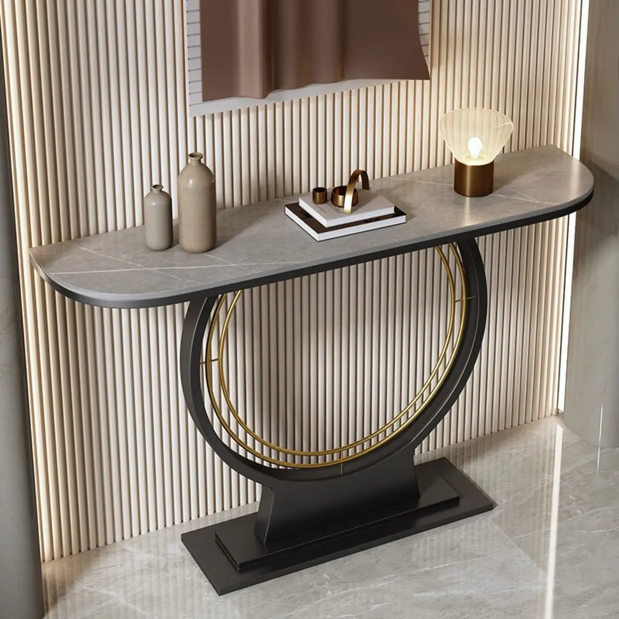 Ring Base Half Moon Sintered Stone Console Table — Black / White