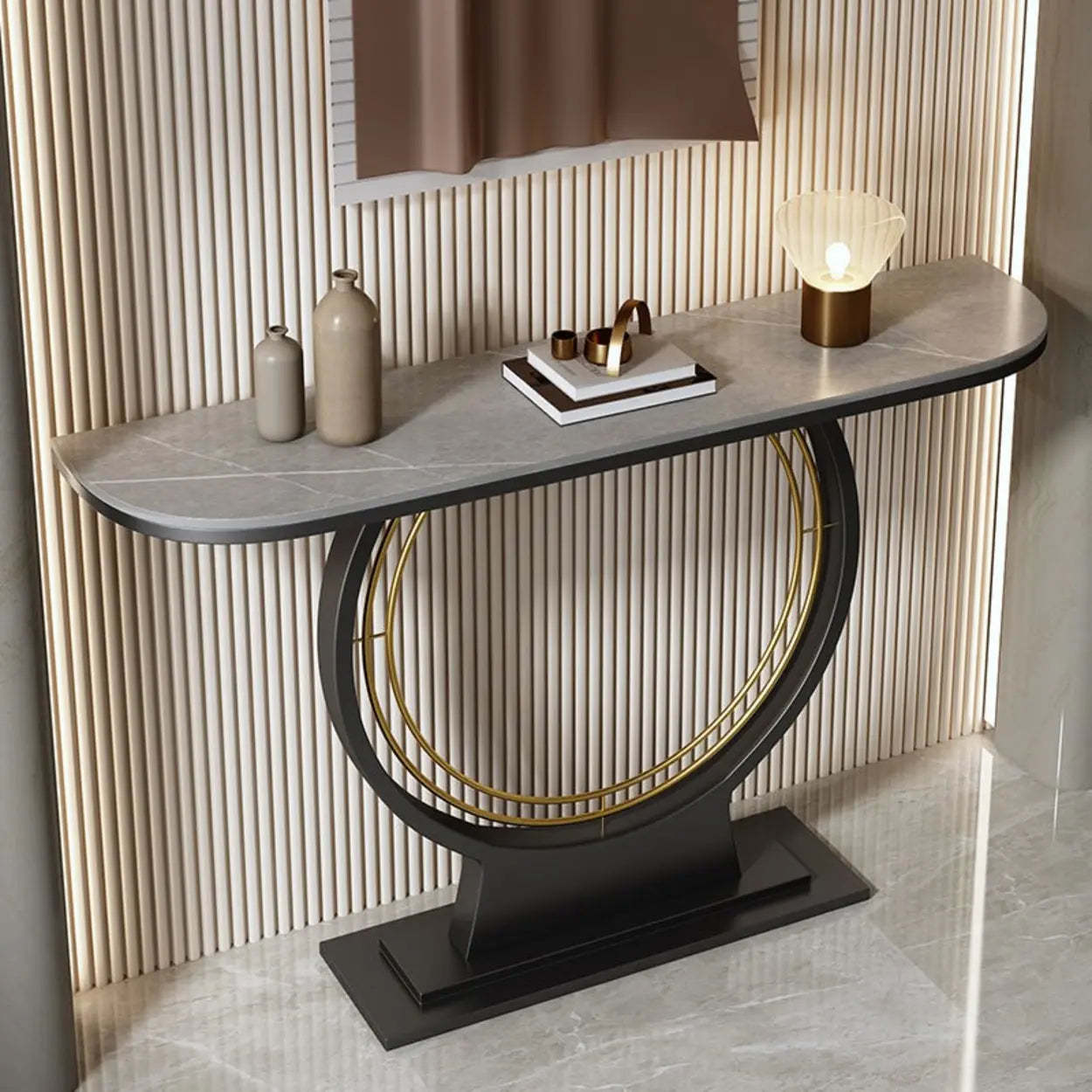Ring Base Half Moon Sintered Stone Console Table — Black / White