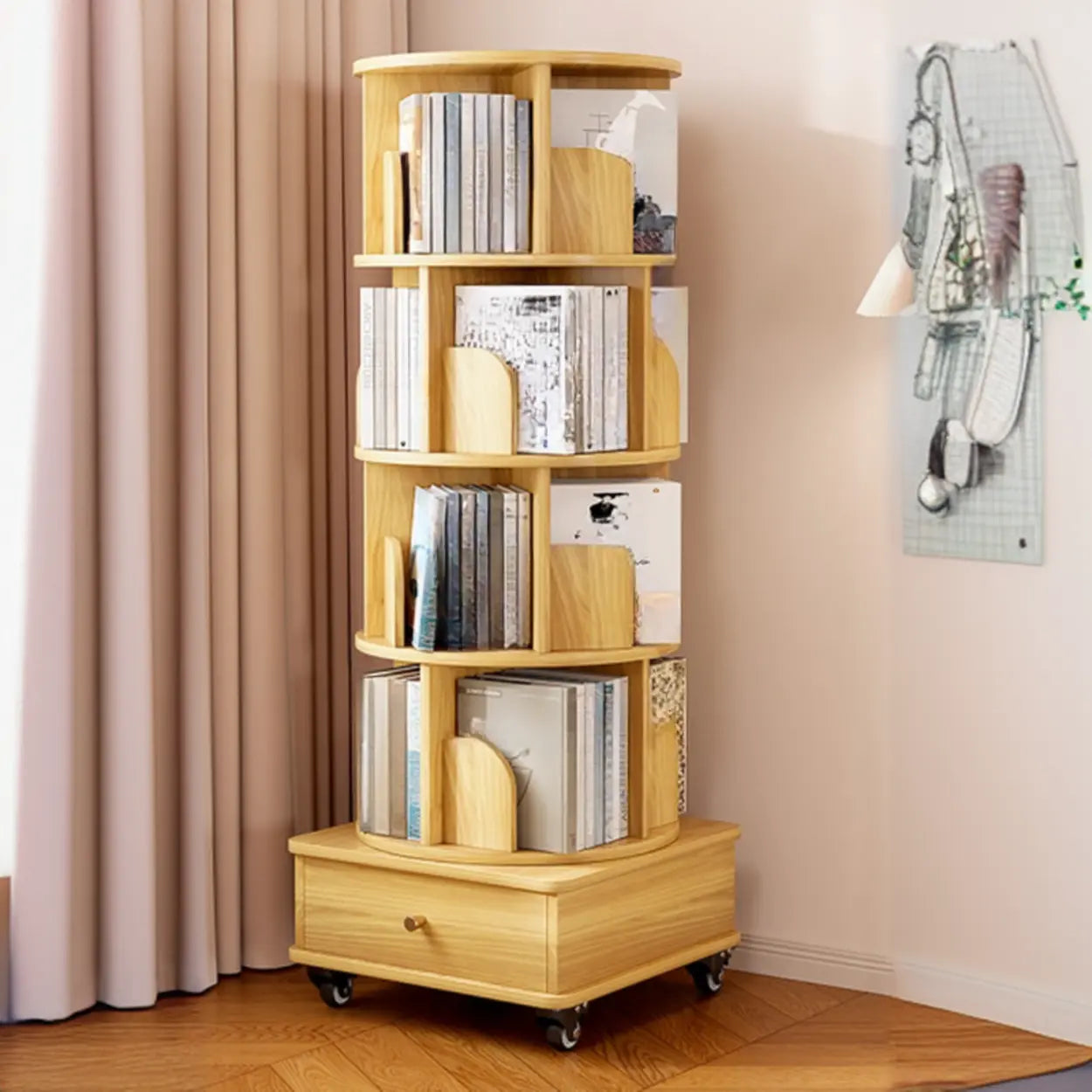 Rustic Rotating Vertical Wood Narrow Bookcase