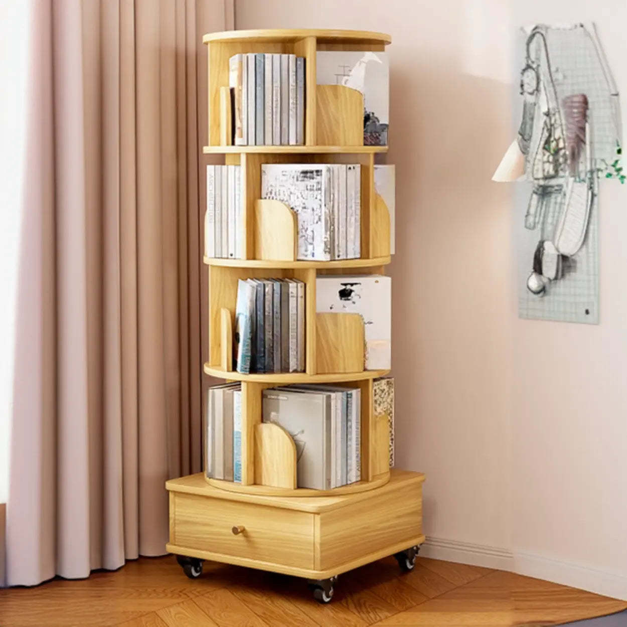 Rustic Rotating Vertical Wood Narrow Bookcase