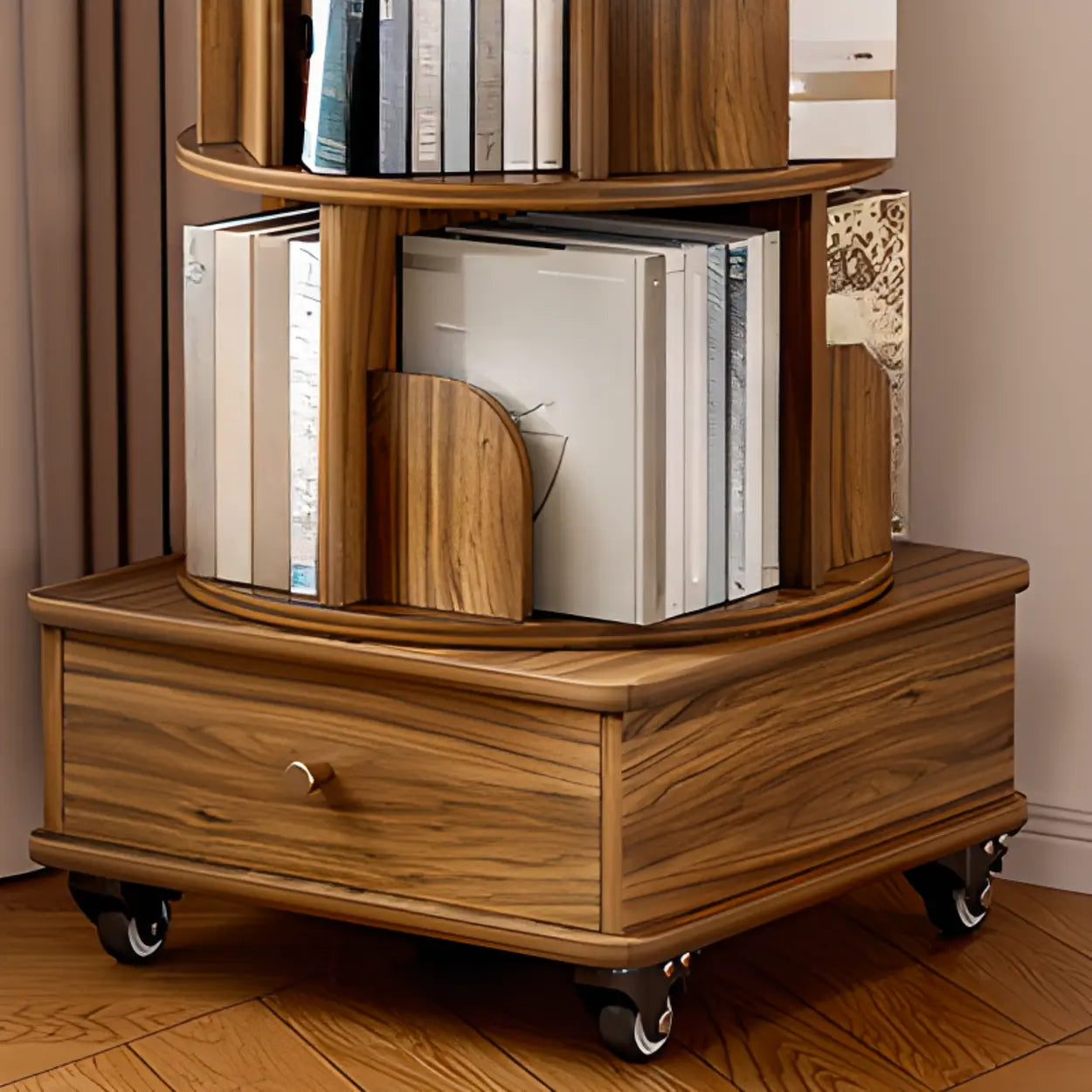 Rustic Rotating Vertical Wood Narrow Bookcase — Natural Finish