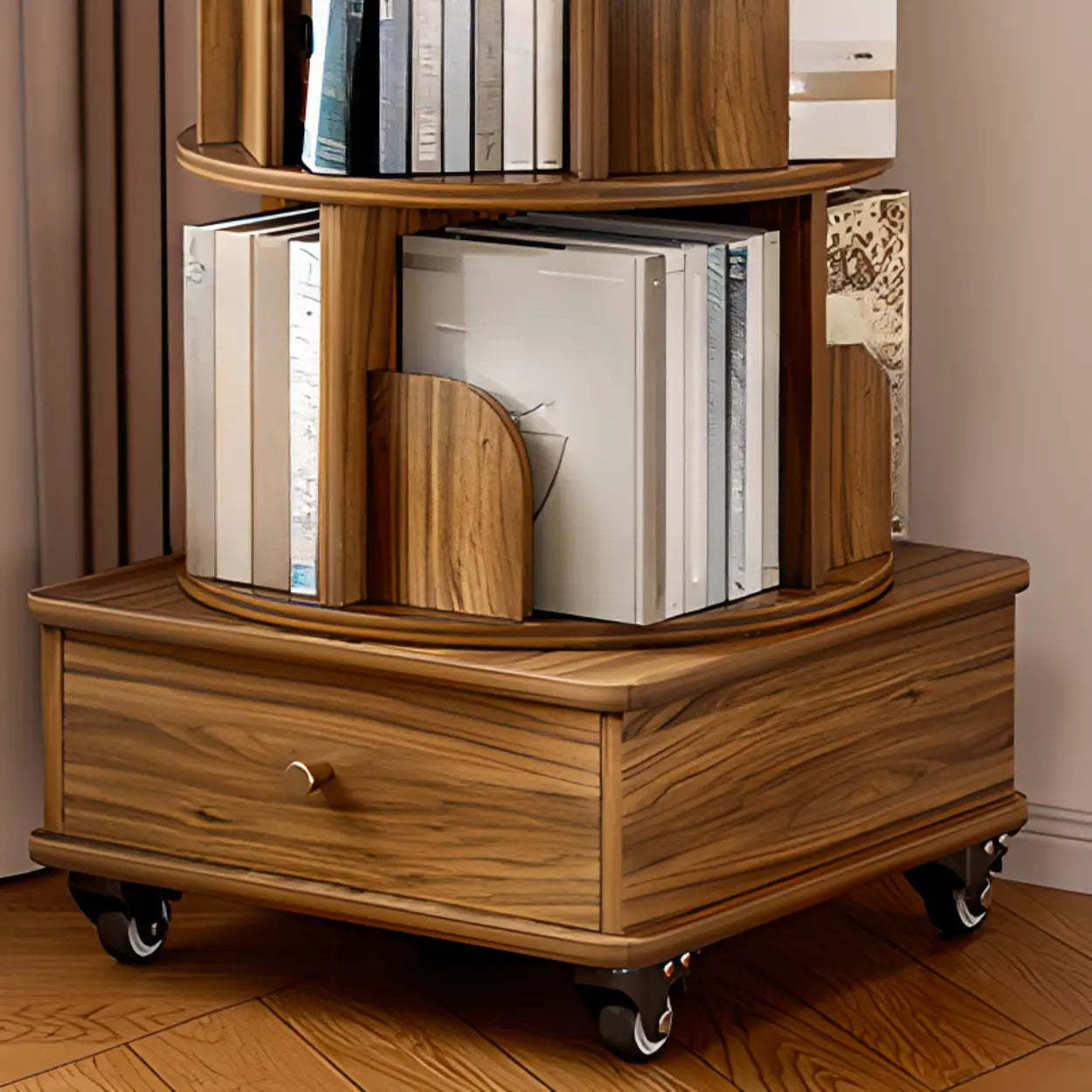 Rustic Rotating Vertical Wood Narrow Bookcase — Natural Finish