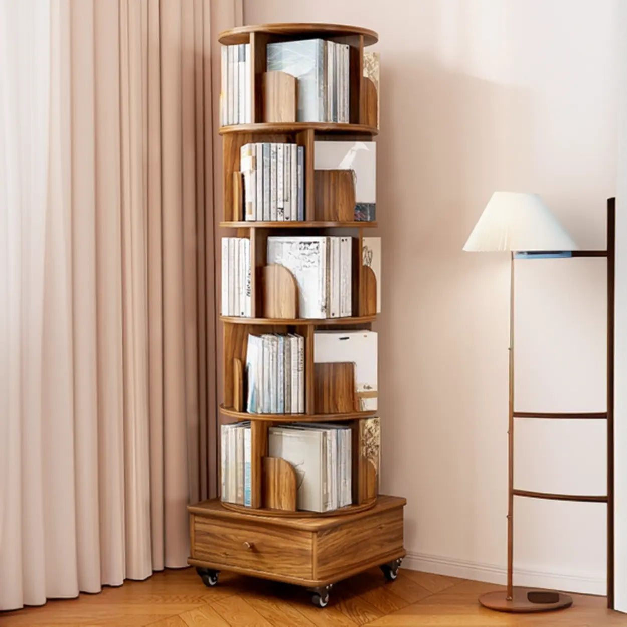 Rustic Rotating Vertical Wood Narrow Bookcase — Nut-Brown