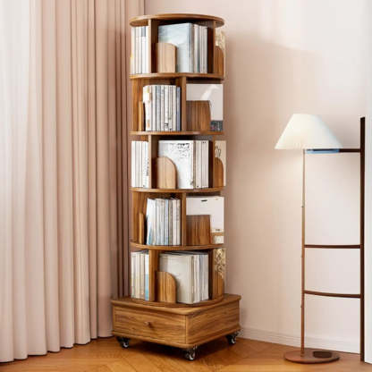 Rustic Rotating Vertical Wood Narrow Bookcase — Nut-Brown