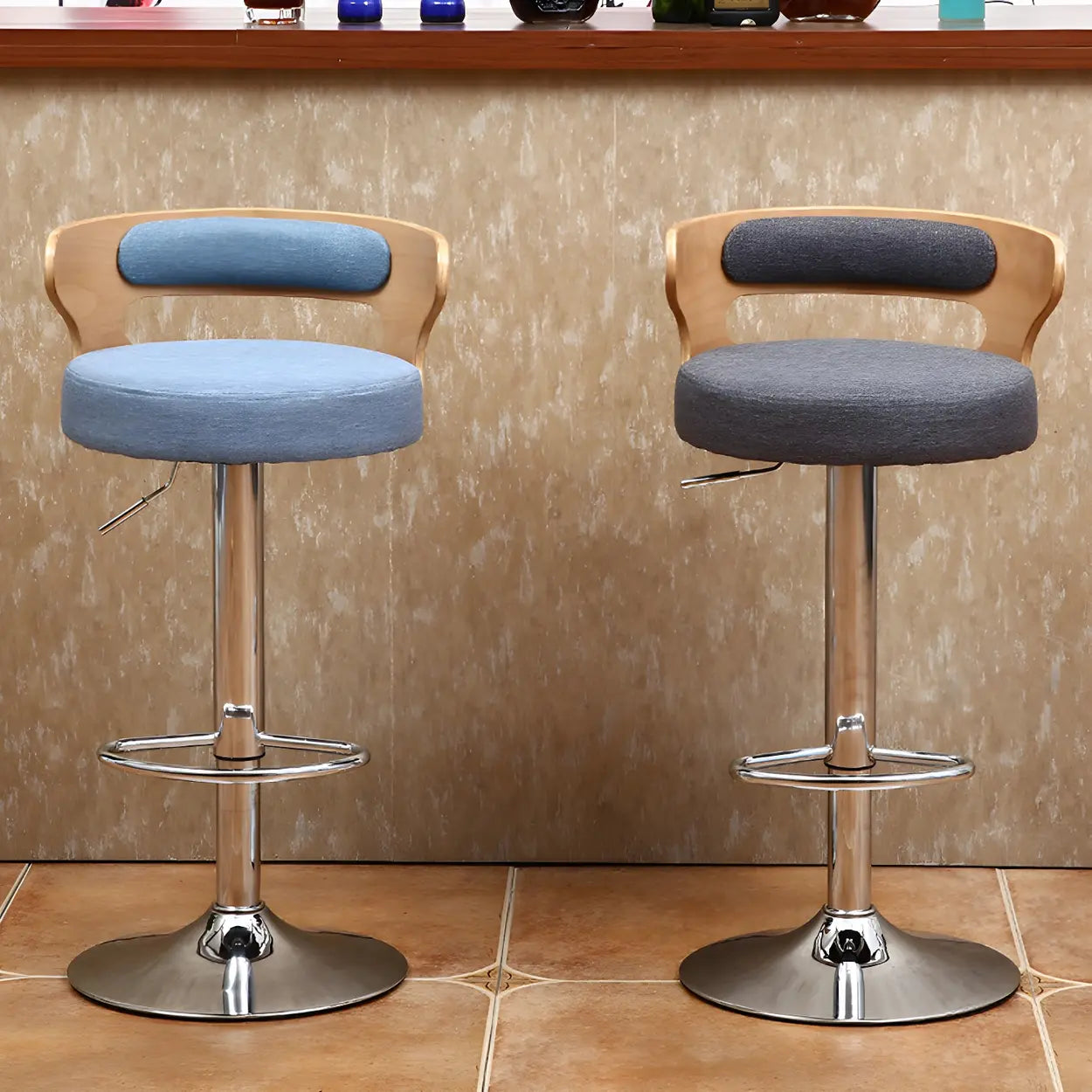 Round Adjustable Cotton Cushion Swivel Bar Stool — Black / Black / 1 Piece