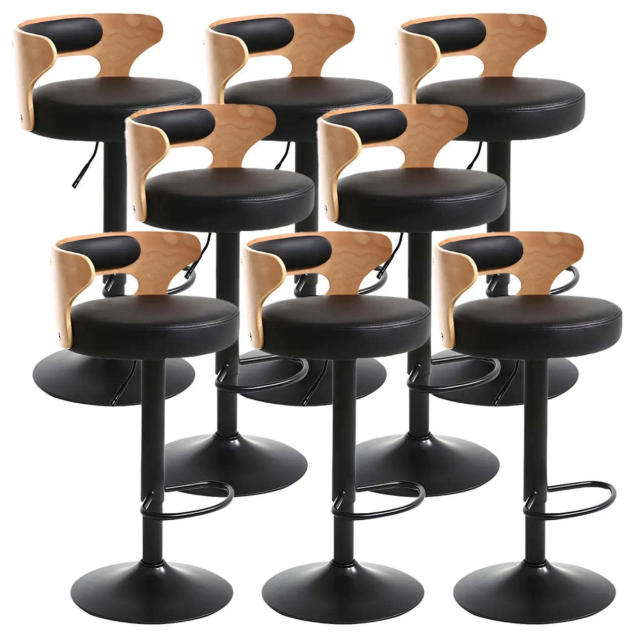 Round Adjustable Cotton Cushion Swivel Bar Stool — Black / Chrome / 8 Piece Set