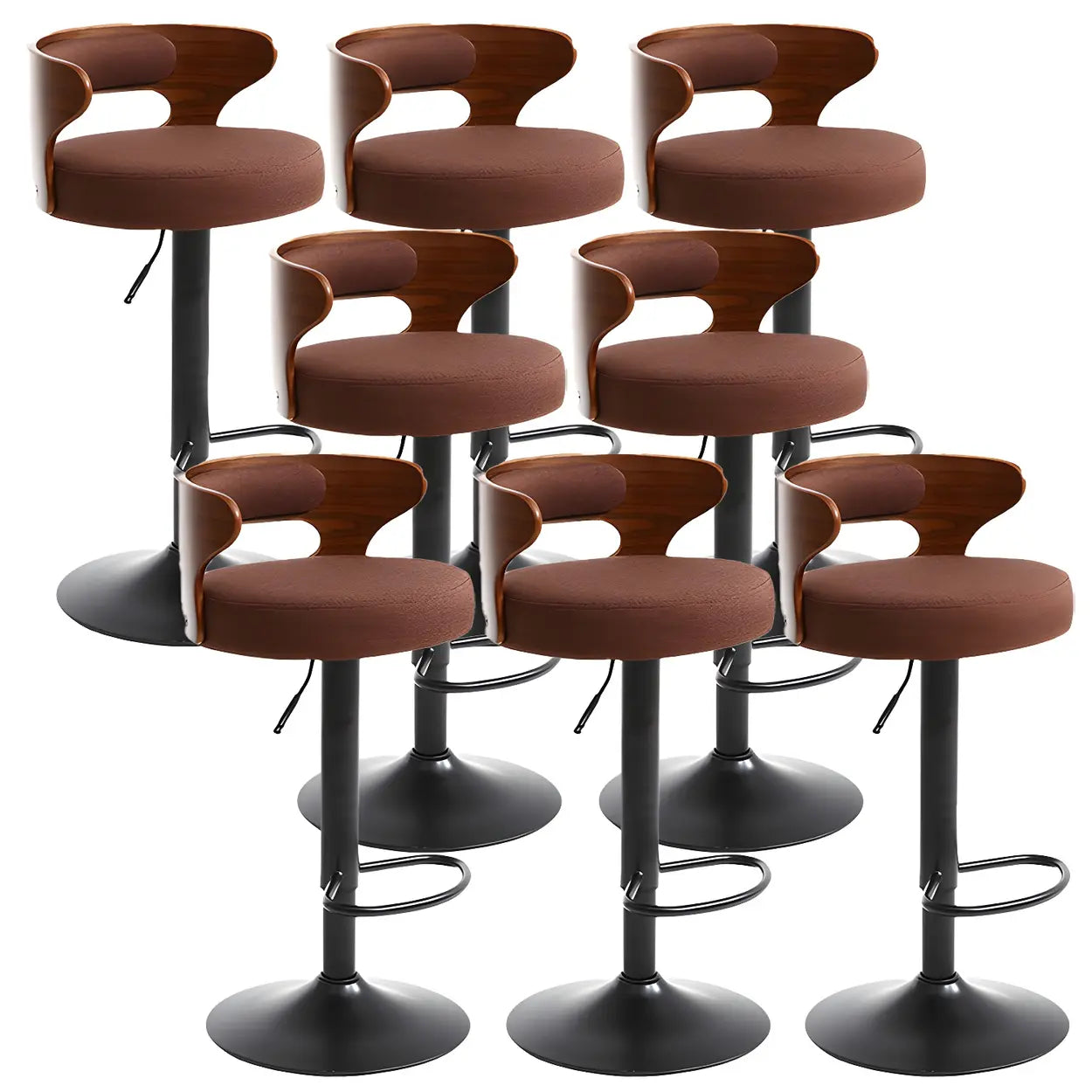 Round Adjustable Cotton Cushion Swivel Bar Stool — Khaki / Chrome / 6 Piece Set