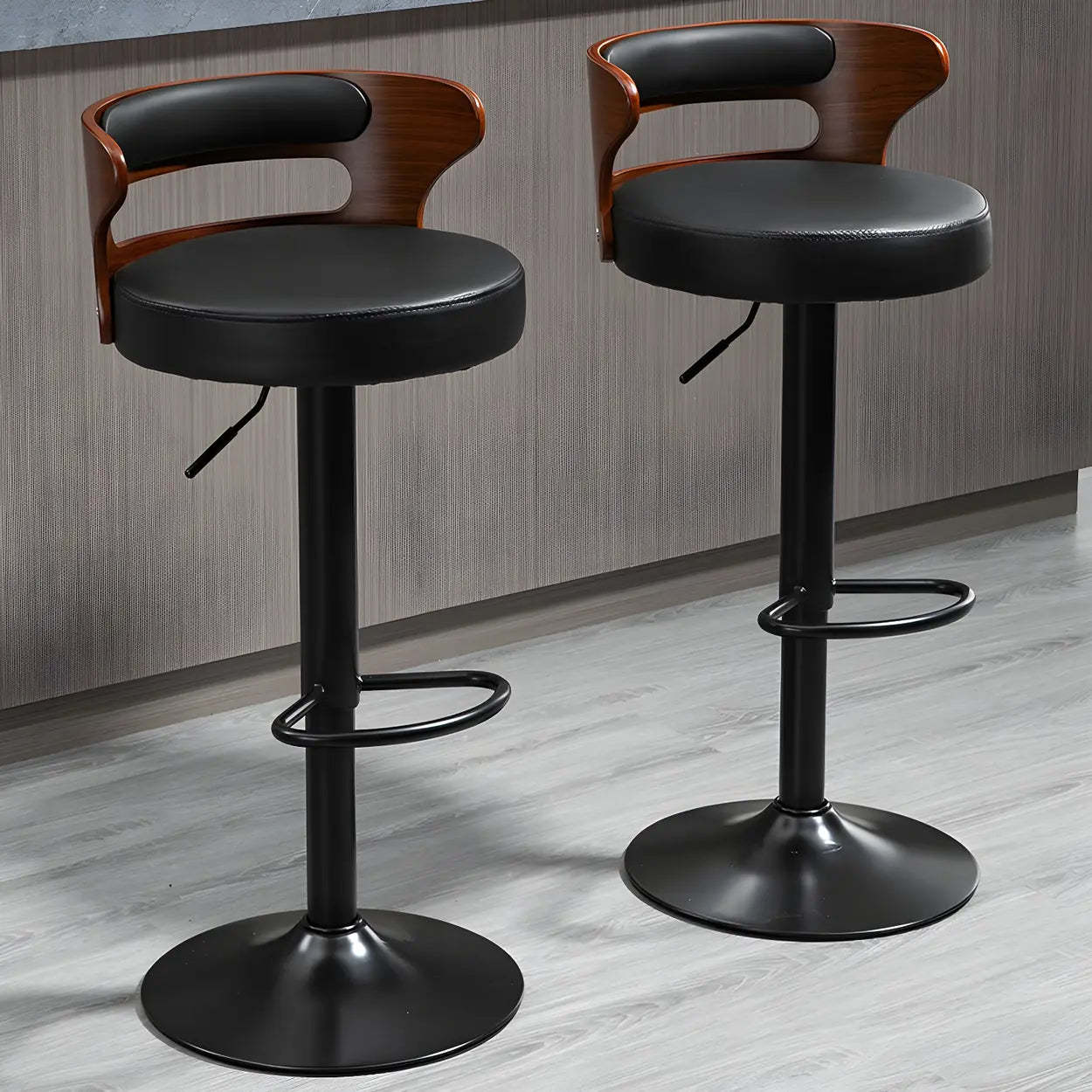 Round Adjustable Cotton Cushion Swivel Bar Stool — Black / Black / 6 Piece Set