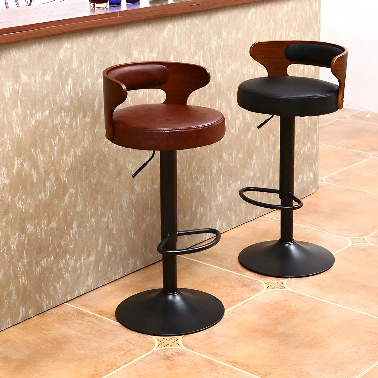 Round Adjustable Cotton Cushion Swivel Bar Stool — Black / Black / 8 Piece Set