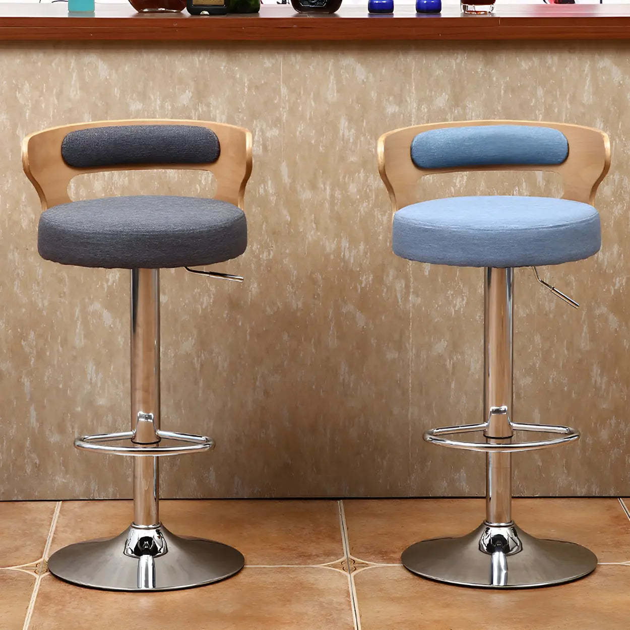 Round Adjustable Cotton Cushion Swivel Bar Stool — Black / Chrome / 2 Piece Set