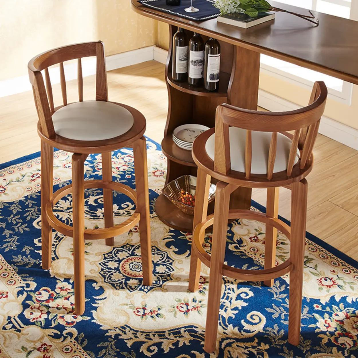 Dark Walnut Round Ash Wood Faux Leather Bar Stool