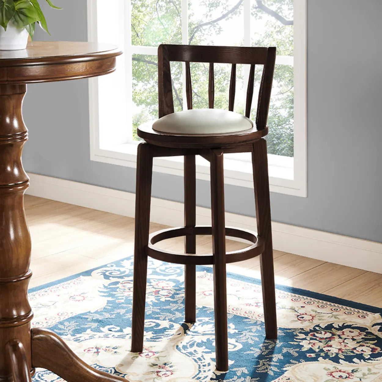 Dark Walnut Round Ash Wood Faux Leather Bar Stool — Dark Walnut / Upholstered