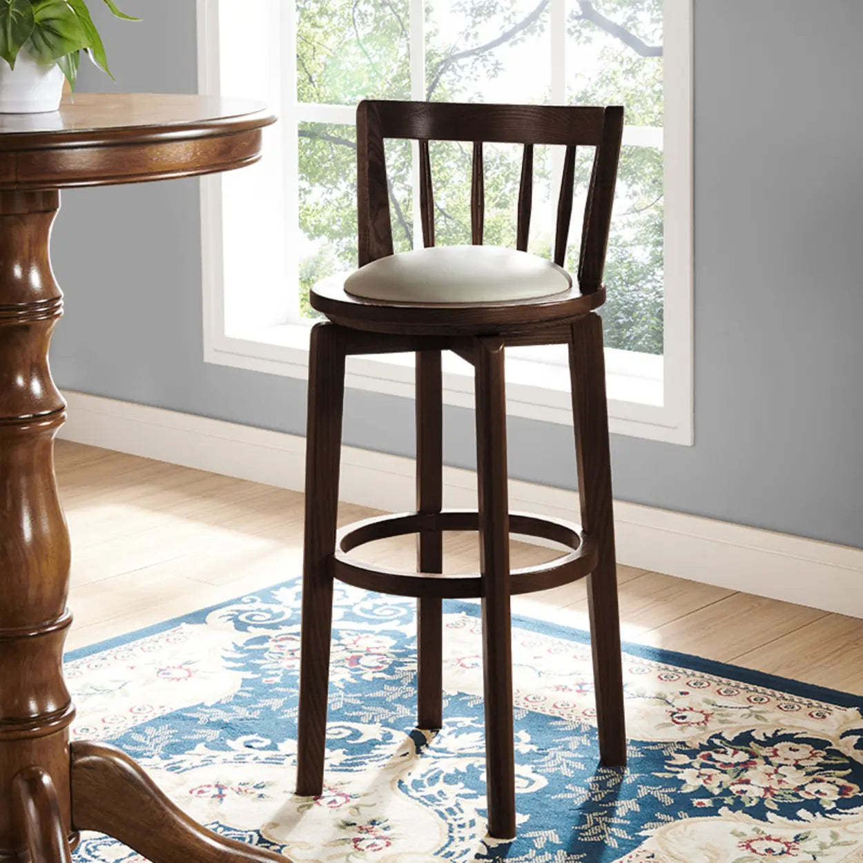 Dark Walnut Round Ash Wood Faux Leather Bar Stool — Dark Walnut / Upholstered