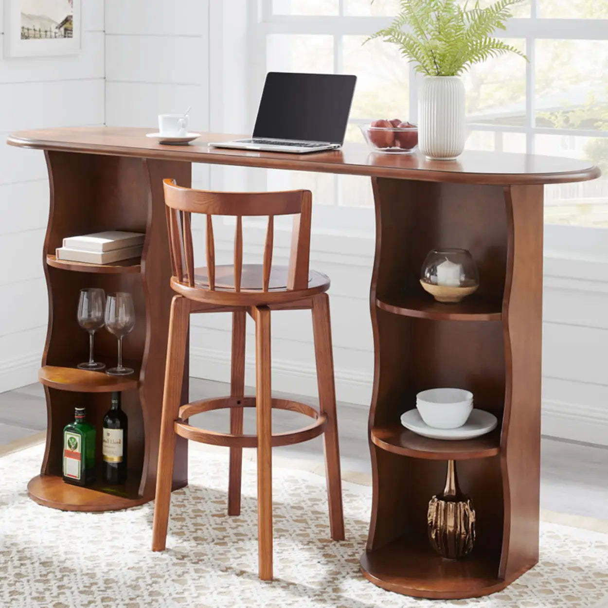 Dark Walnut Round Ash Wood Faux Leather Bar Stool — Dark Walnut / Upholstered