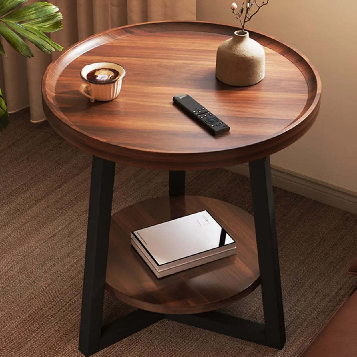 Round Brown Wood and Steel Chairside Table