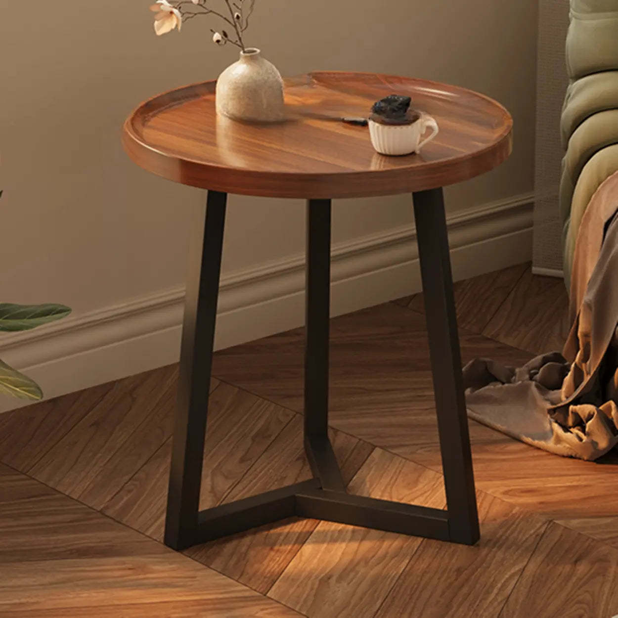 Round Brown Wood and Steel Chairside Table