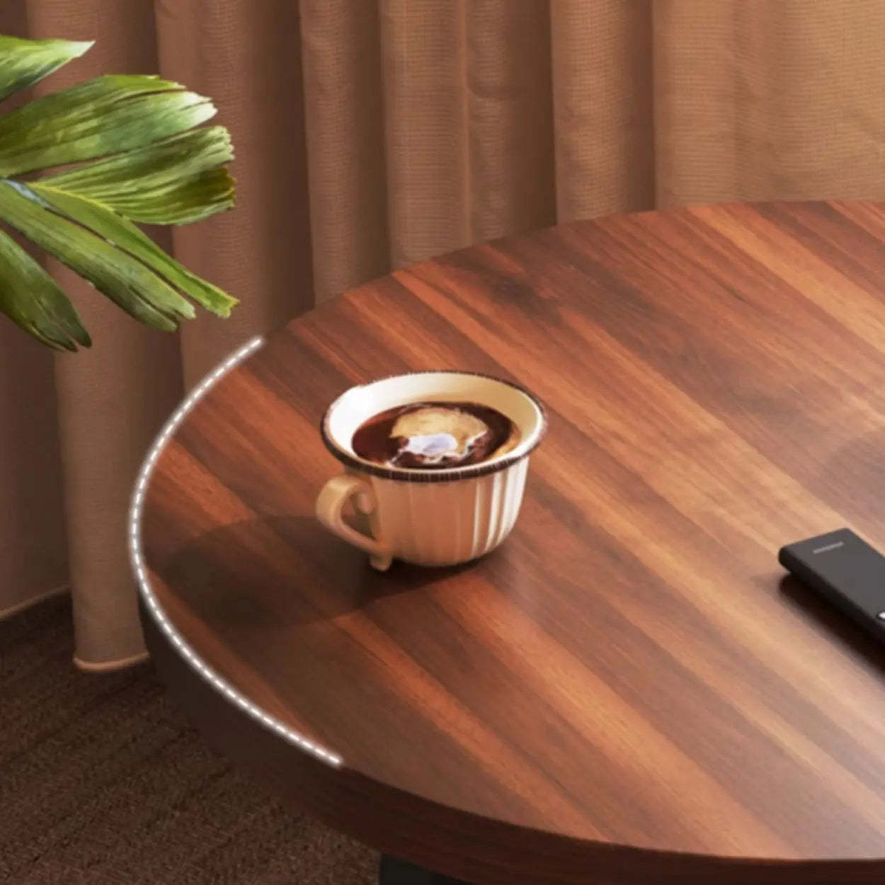 Round Brown Wood and Steel Chairside Table