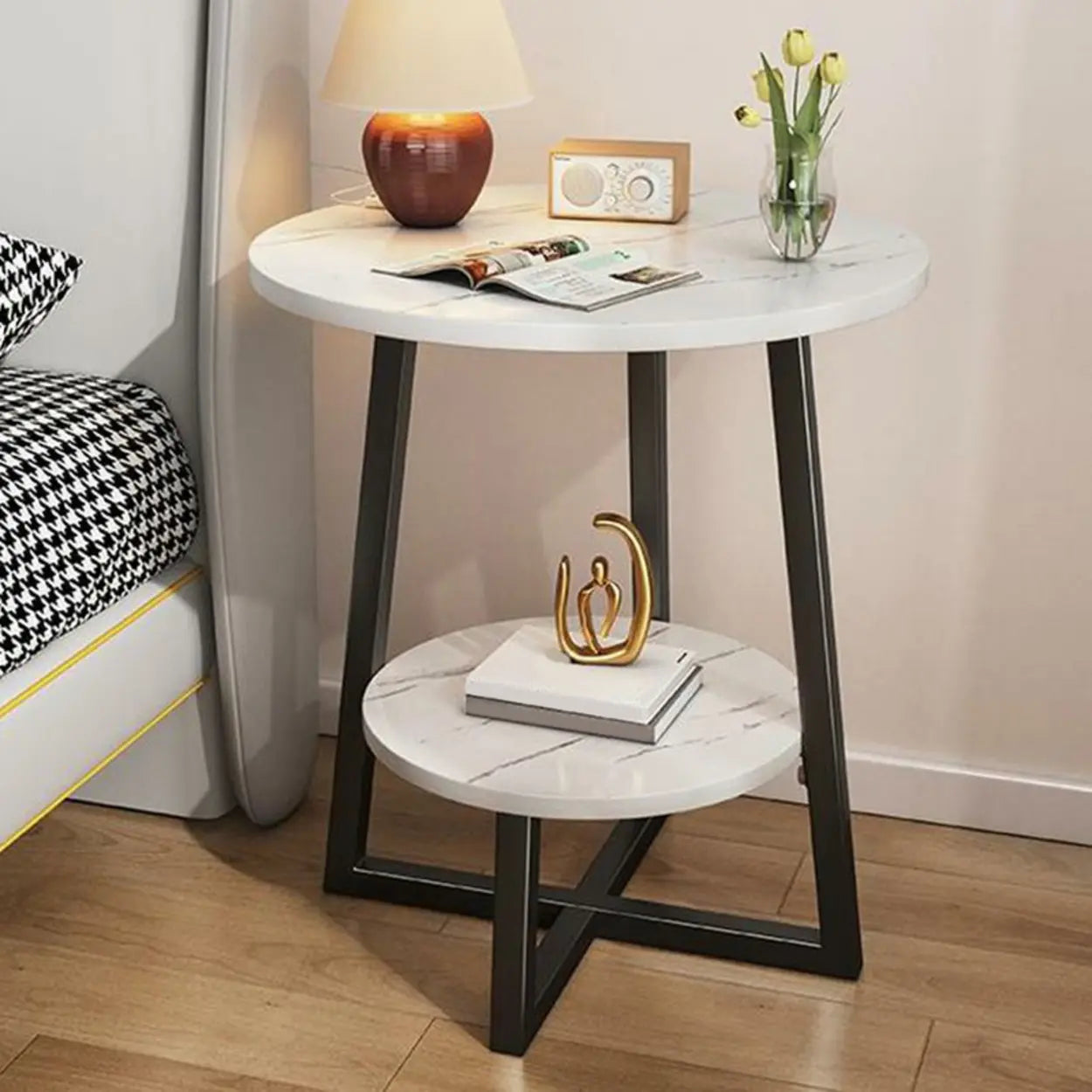 Cross Legs End Table with Storage Shelf — Black / Black