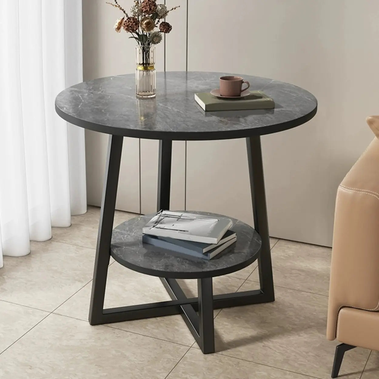 Cross Legs End Table with Storage Shelf — Gold / White