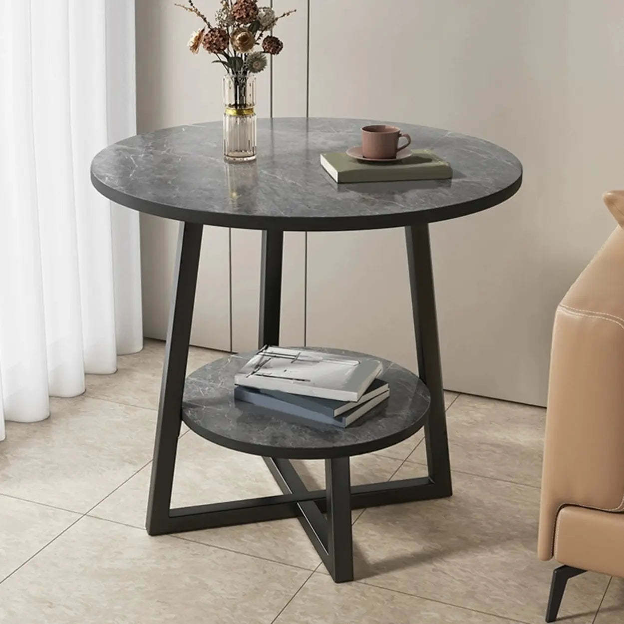 Cross Legs End Table with Storage Shelf — Gold / White