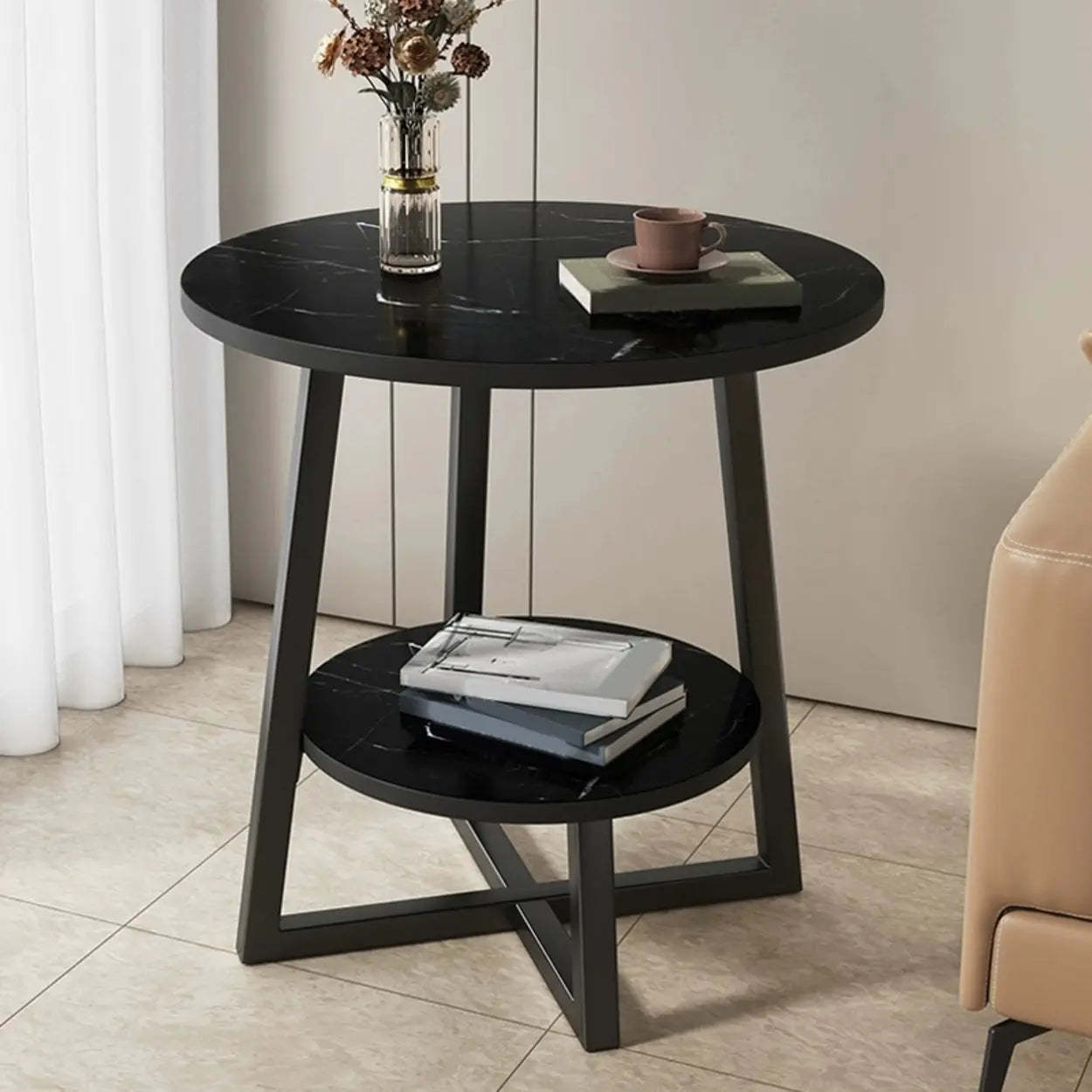 Cross Legs End Table with Storage Shelf — Black / Gray